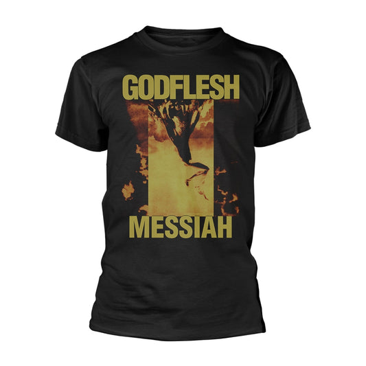 Black t-shirt with "Godflesh Messiah" band logo and figure graphic.