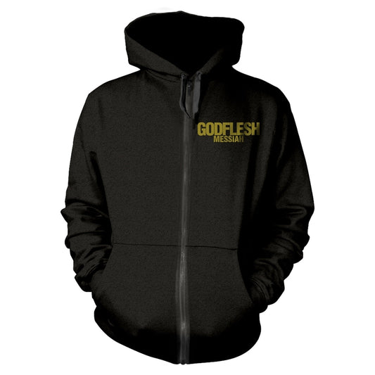 Black zip-up hoodie with gold text reading "GODFLESH MESSIAH" on chest.