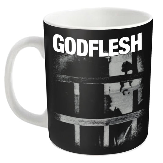 Black mug with white "Godflesh" band logo and industrial imagery.