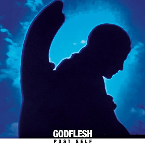 Silhouetted figure with raised arm against a blurred blue background.