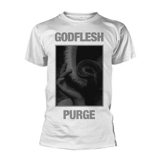 White t-shirt with black and white snake and text design.