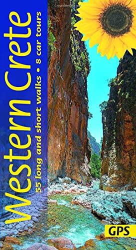 Walking guide cover: Crete canyon, sunflower, text "Western Crete", and GPS logo.