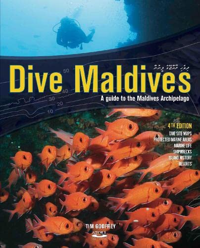 Book cover: "Dive Maldives" with diver and colorful reef fish.