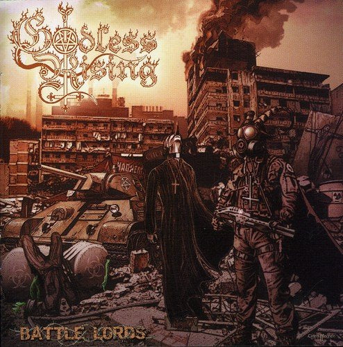 Post-apocalyptic album cover with figures in gas masks and ruined city.