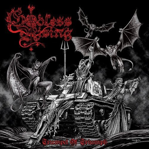Black and white album cover with demons, a tank, and the band name "Godless Rising".