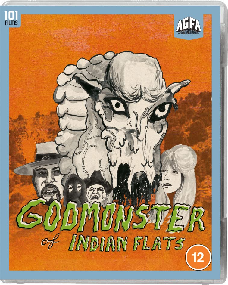 Blu-ray cover for "Godmonster of Indian Flats" featuring a large monster and people.
