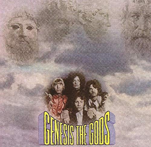 Four band members pose before a cloudy sky with ghostly faces in the background.