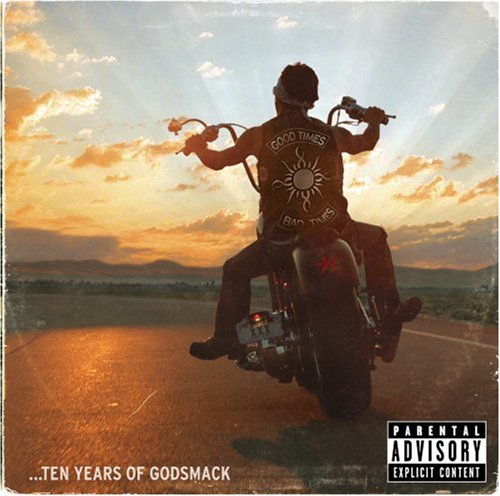Motorcyclist with a sun emblem riding into a sunset, parental advisory label.