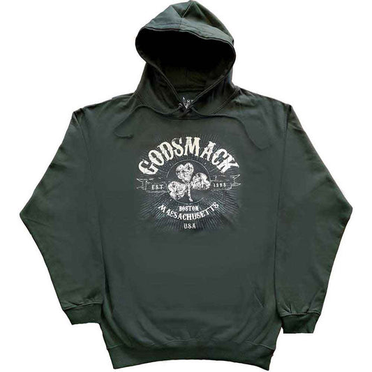 Black unisex pullover hoodie featuring a white Celtic-style Godsmack logo on the chest.