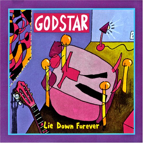 CD cover for Godstar’s “Lie Down Forever” with abstract, colorful artwork.