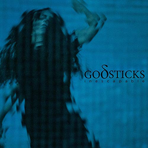 "Album cover with a person in motion against a blue background, text 'Godsticks inescapable'."