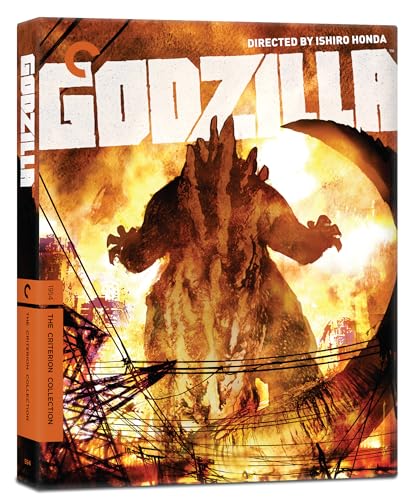 Godzilla movie cover: monster silhouette against fiery city backdrop.