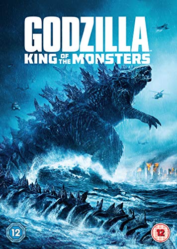 Godzilla roars amidst ocean waves, with other monsters and aircraft.
