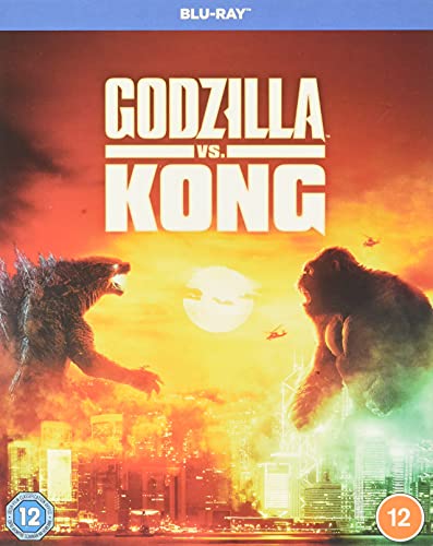 Godzilla and Kong facing off against a city backdrop, Blu-ray cover.