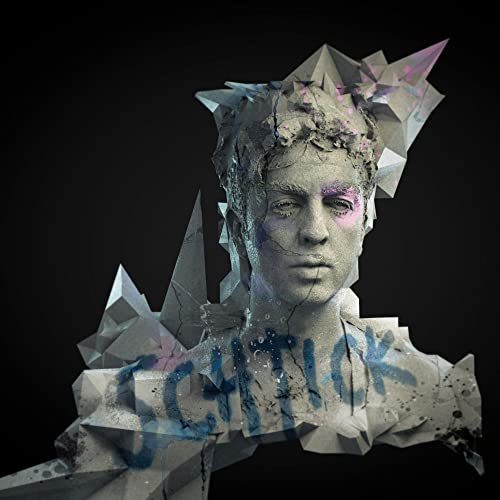 Fragmented bust sculpture with blue and pink geometric highlights.
