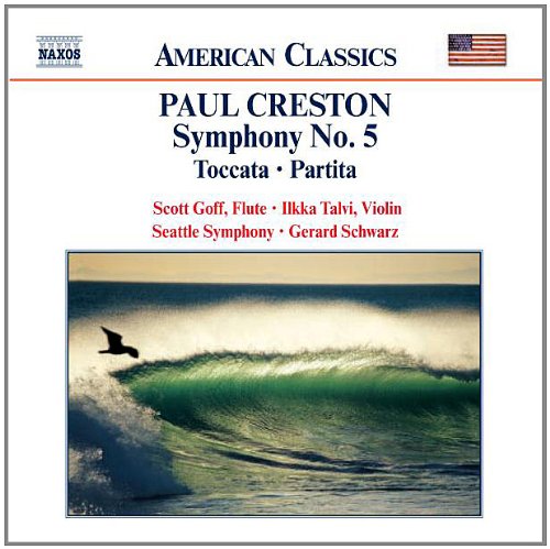 "CD cover with ocean wave image and text describing classical music performance."