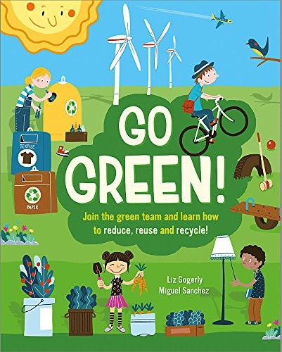 Book cover with children, wind turbines, and recycling symbols promoting environmentalism.