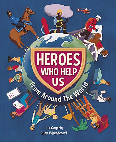 Book cover depicting diverse helpers—firefighters, police, doctors—around a globe.
