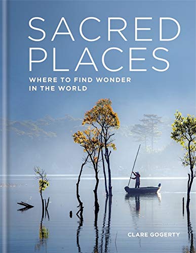 Book cover: “Sacred Places” with a misty lake and lone boat scene.
