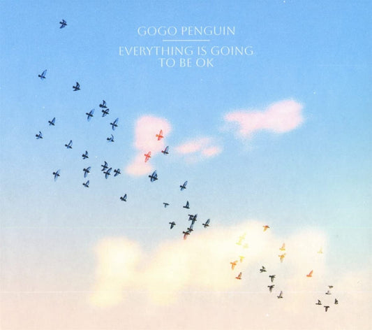 "Album cover with birds flying through a blue sky with white clouds."