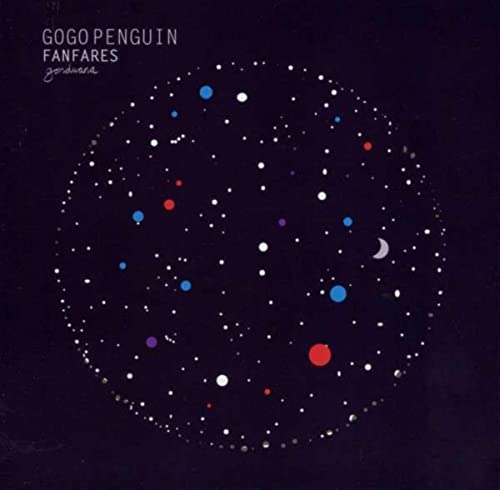 Gogo Penguin's "Fanfares" CD cover: dark blue with scattered colorful dots.
