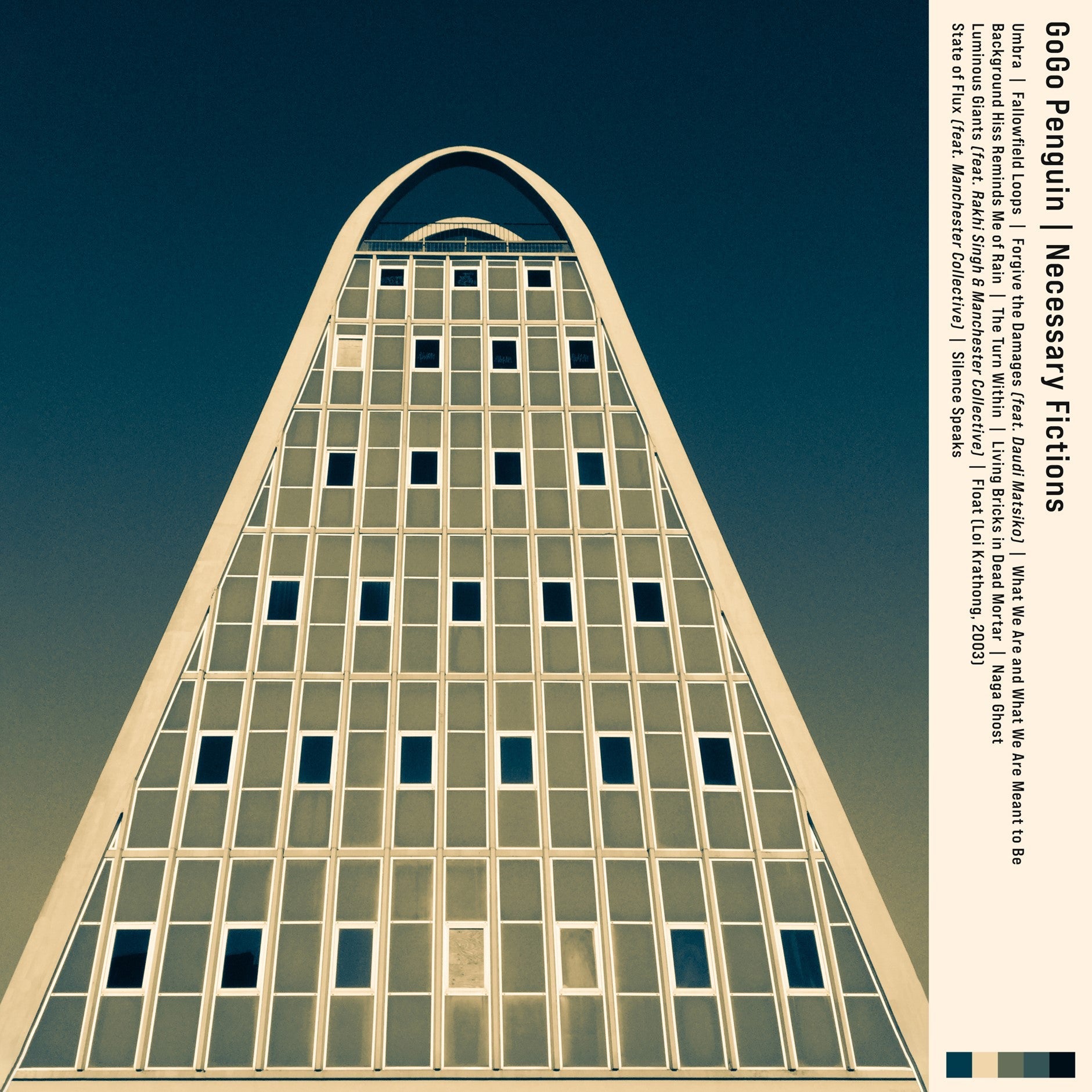 Vinyl record cover for GoGo Penguin’s “Necessary Fictions” with abstract blue architecture.
