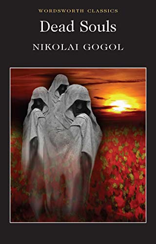 Book cover of Dead Souls by Nikolai Gogol featuring three hooded figures in red fields.