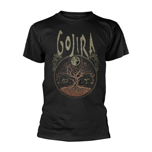 Black t-shirt with "GOJIRA" text and a circular tree design.