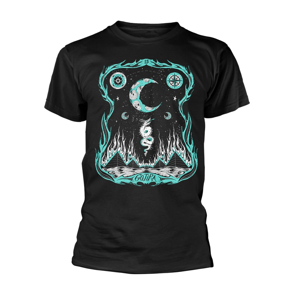 Black t-shirt with teal dragon and moon design, worn by a man.