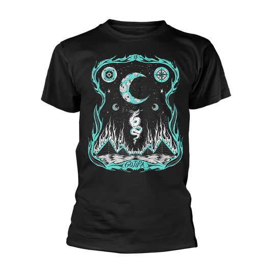 Black t-shirt with teal dragon and moon design, worn by a man.