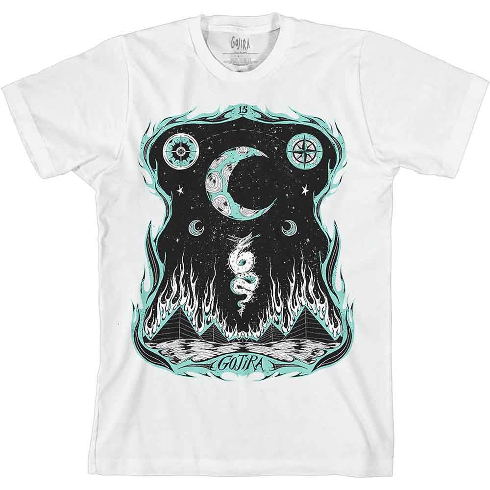 White t-shirt with teal and black dragon and moon graphic design.