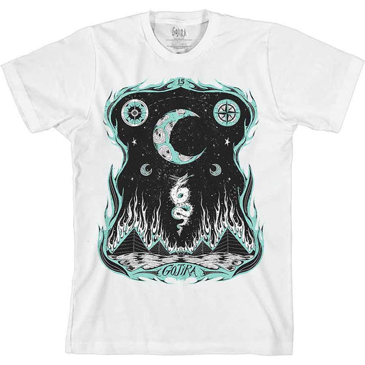White t-shirt with teal and black dragon and moon graphic design.
