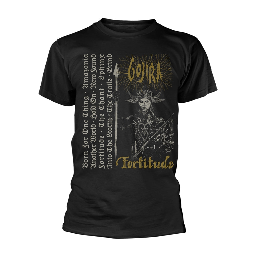 Black t-shirt with “GOJIRA” text and ornate illustrated design.