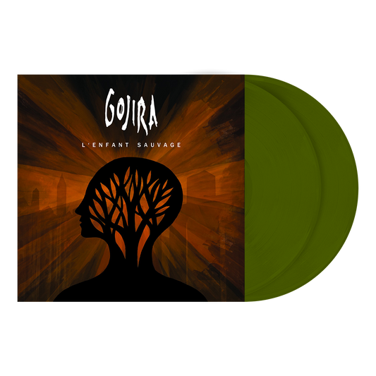 Green vinyl record with a silhouetted head and tree design, titled "Gojira.