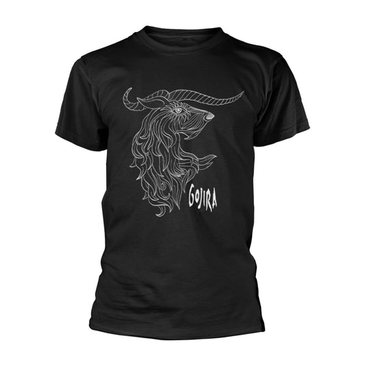 Black t-shirt with a white line drawing of a horned creature.
