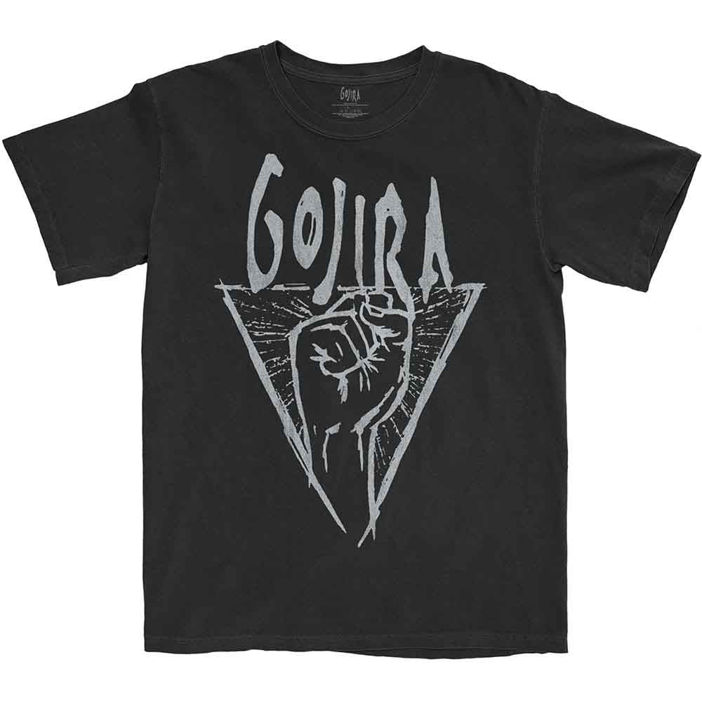 Black t-shirt with white "Gojira" logo featuring a raised fist.