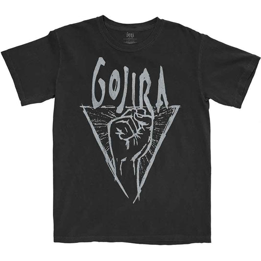Black t-shirt with white "Gojira" logo featuring a raised fist.