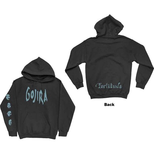 Black Gojira hoodie with teal logo and face prints on sleeves.