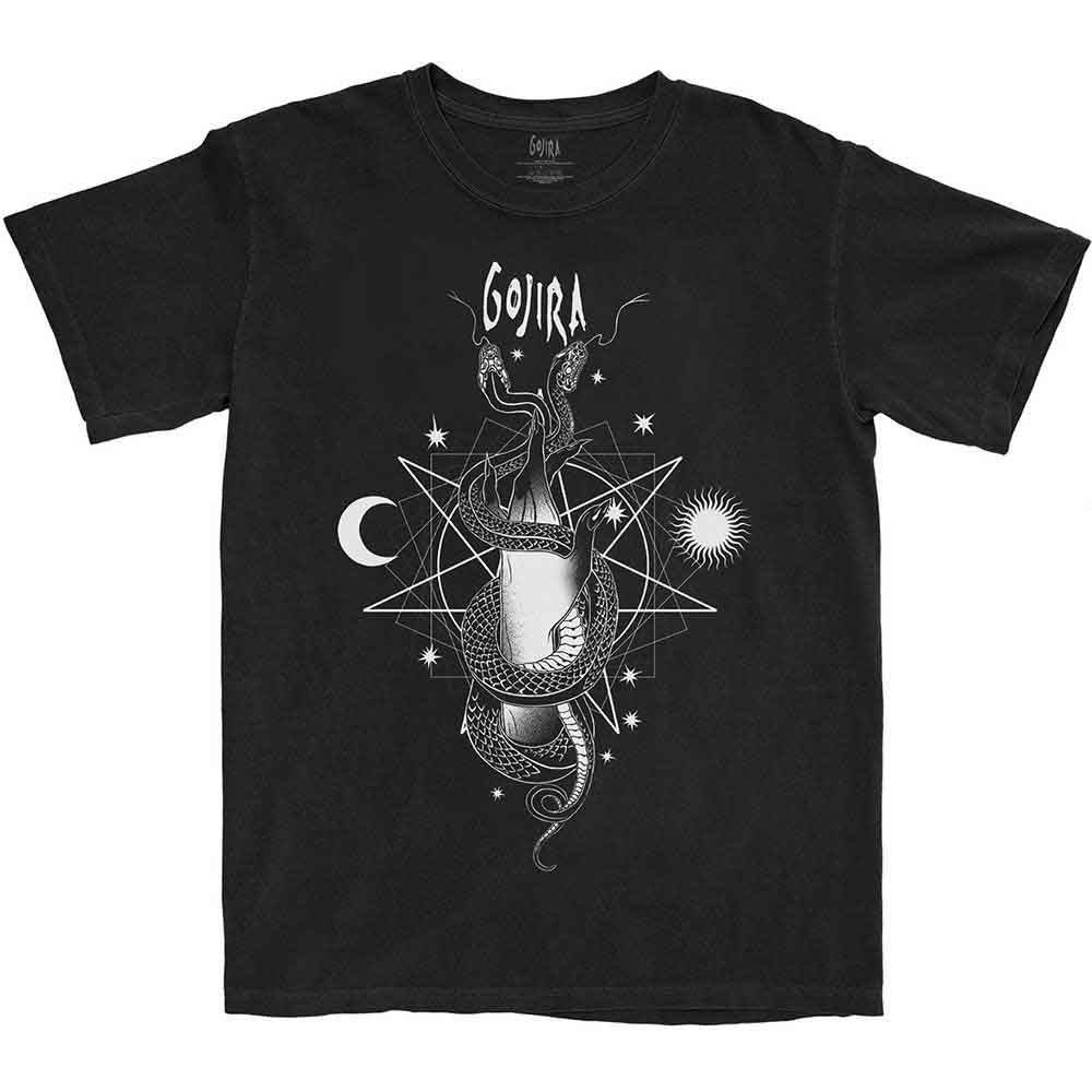 Black t-shirt with a colorful graphic of snakes and celestial imagery, Gojira band logo.