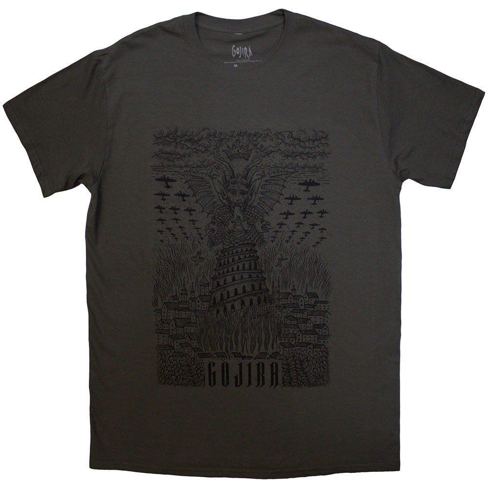 Charcoal grey t-shirt featuring artwork of the monster Gojira in a village scene.