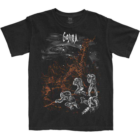 Black t-shirt with a graphic of Godzilla near the Eiffel Tower.