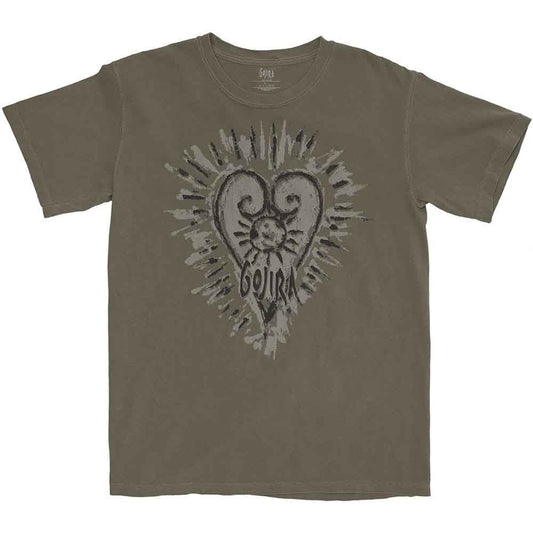 Olive green t-shirt with a heart and “Gojira” logo design.