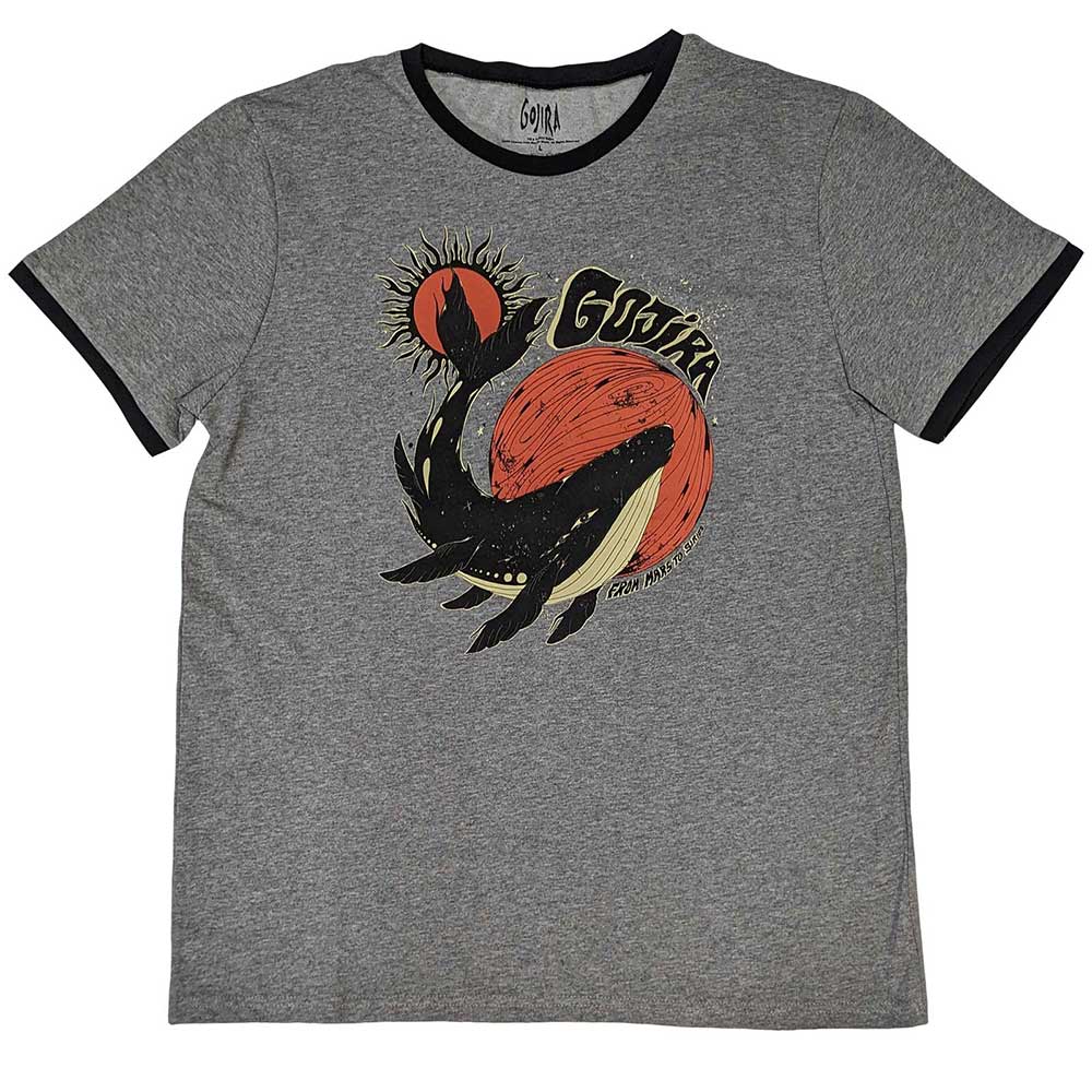 Black t-shirt with white ringer collar, featuring a whale illustration, size X-Large.