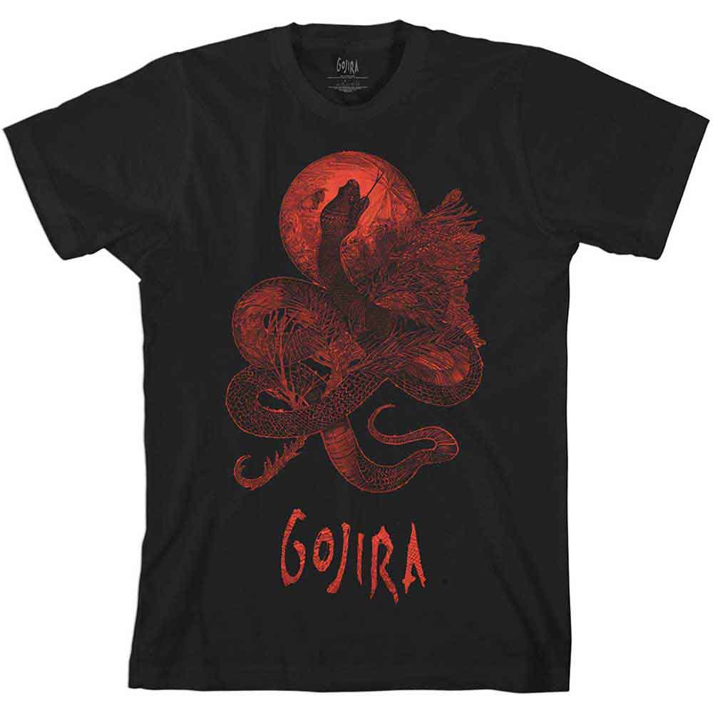Black t-shirt with a large graphic of a serpent and crescent moon, Gojira logo.