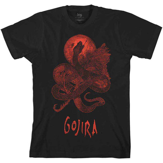 Black t-shirt with a large graphic of a serpent and crescent moon, Gojira logo.