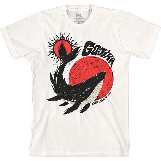 A man wearing a white t-shirt with a Gojira whale and sun graphic print.