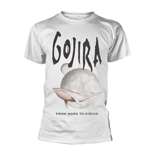 White t-shirt with "Gojira" band logo and whale illustration.