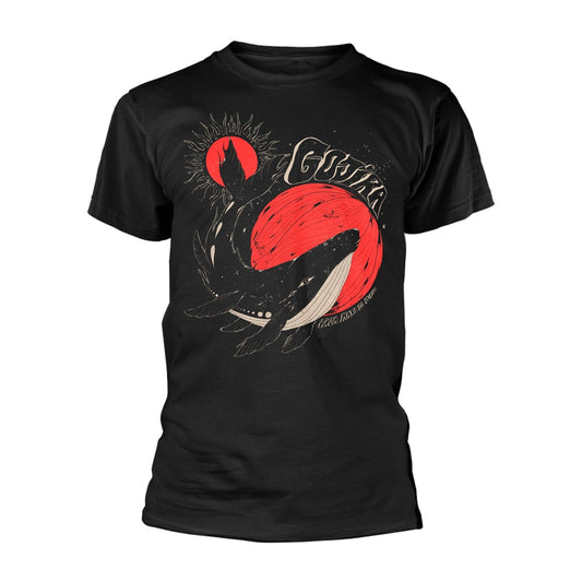 Black t-shirt with red and white illustration of a whale, sun, and moon.