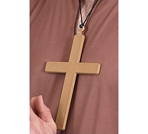 Large gold-colored cross necklace hanging from a dark cord.