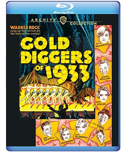 Blu-ray cover for Gold Diggers of 1933 featuring a stage show and cast portraits.